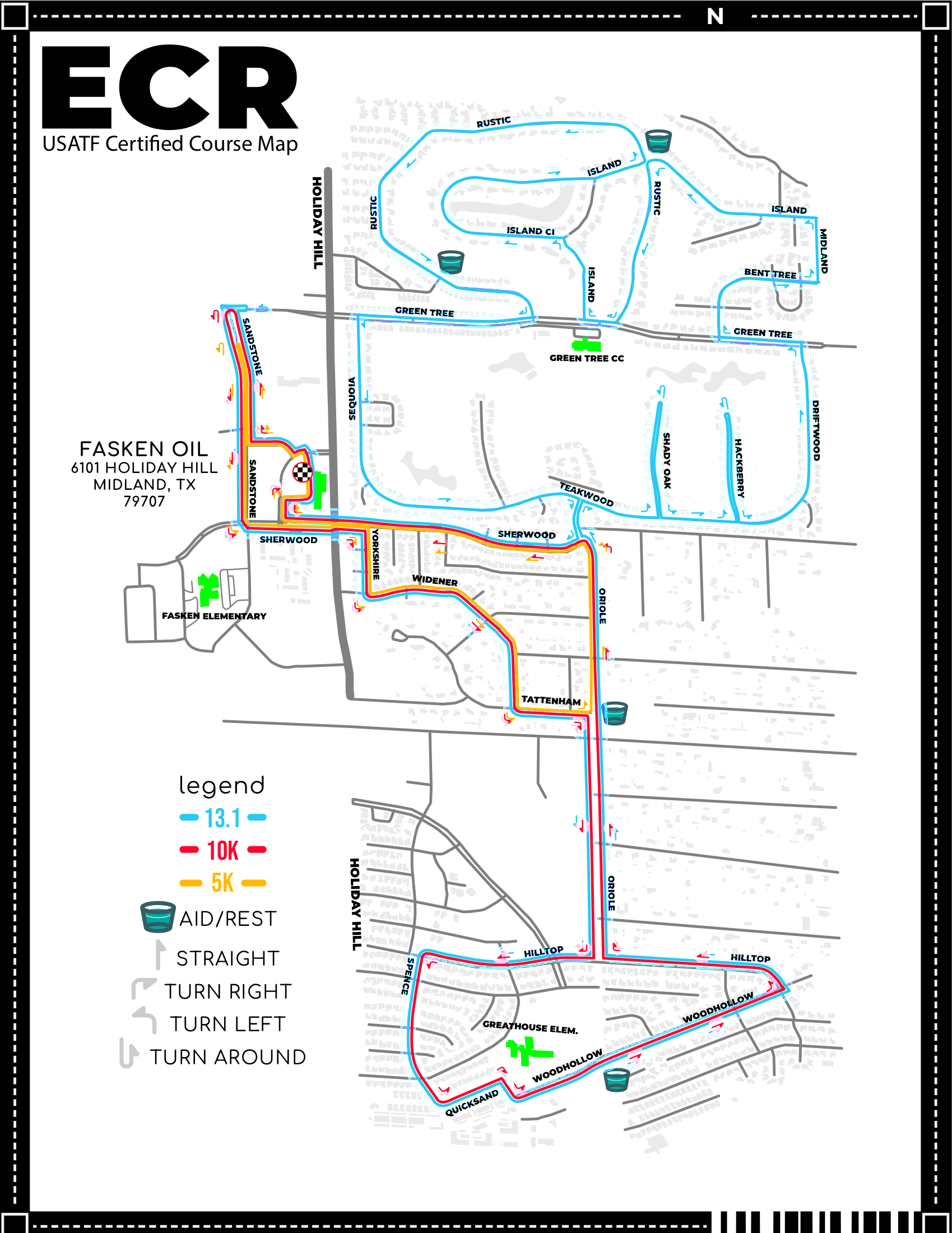 ECR 2026 USATF certified course map — Half Marathon, 10K and 5K routes at Fasken Oil & Ranch, Midland TX
